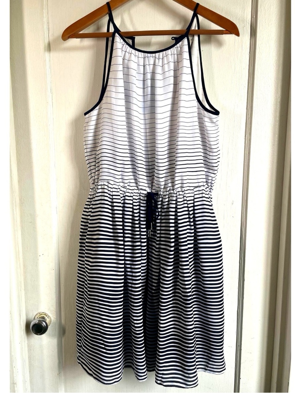 Banana Republic Size 12 Navy White Striped Drawstring Waist Dress Coastal Nautic